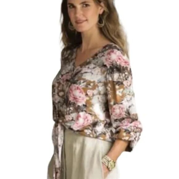 Soft Surroundings Brown Floral Button Tie Front Blouse Size Small - Picture 6 of 6